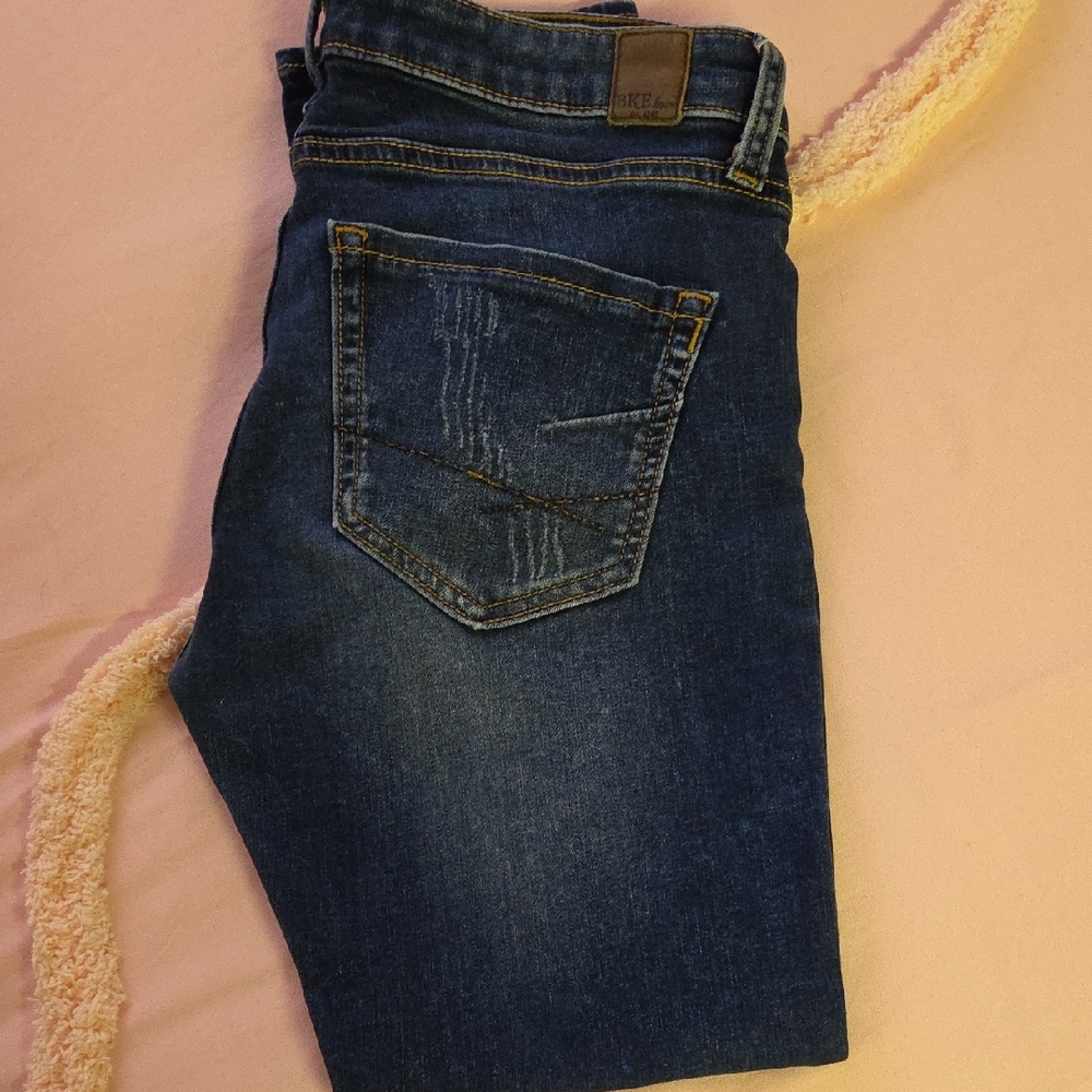 BKE Womens Dark Blue/ Bleach Denim Jeans - Classic Straight Fit Ankle